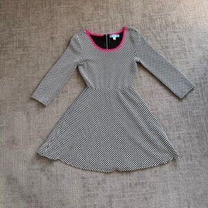 Flattering Black and White Checkered Long Sleeve Dress with Hot Pink Neckline